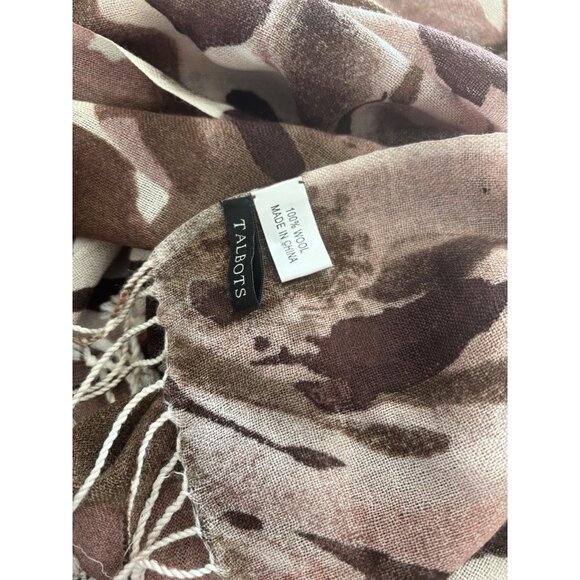 Talbots Womens 100% Wool Scarf Brown Floral Fringe - Picture 3 of 3